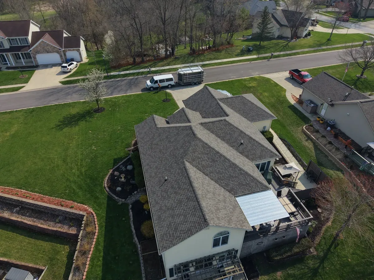 Aerial view of a completed roof installation in Grabill, Indiana