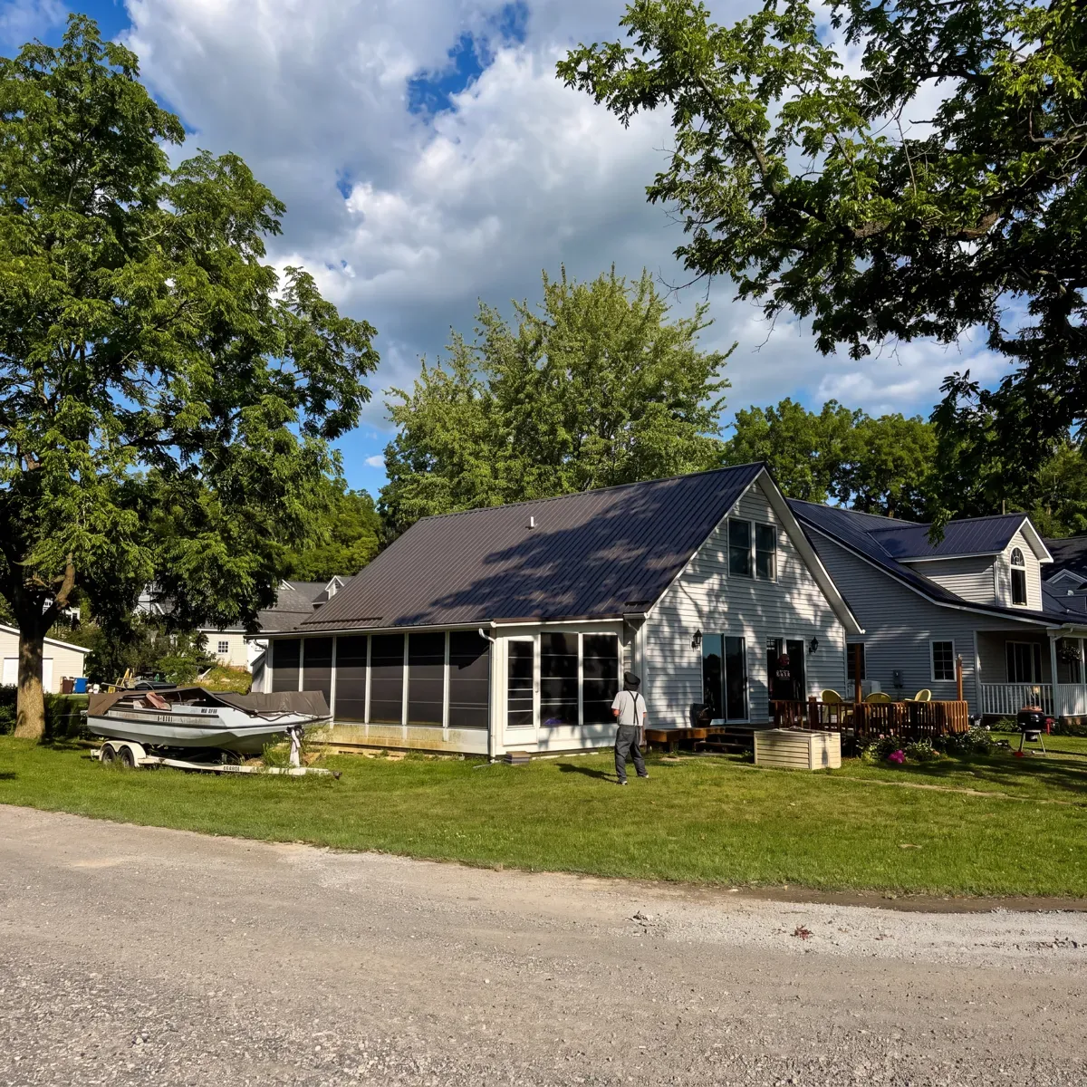 Metal roof on a lake house exterior in Northeast Indiana