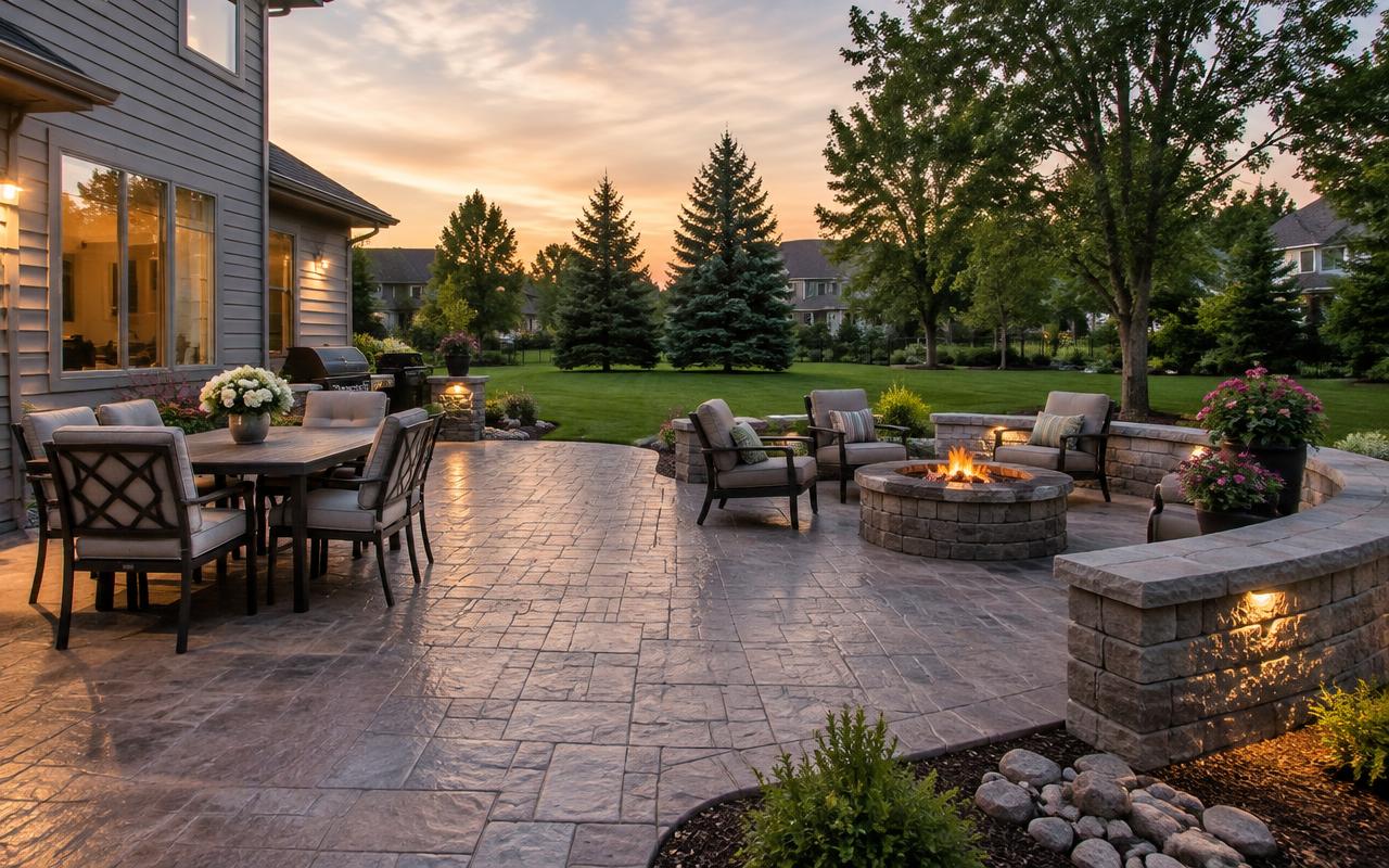 Backyard patio with a seating area, low stone wall and fire pit